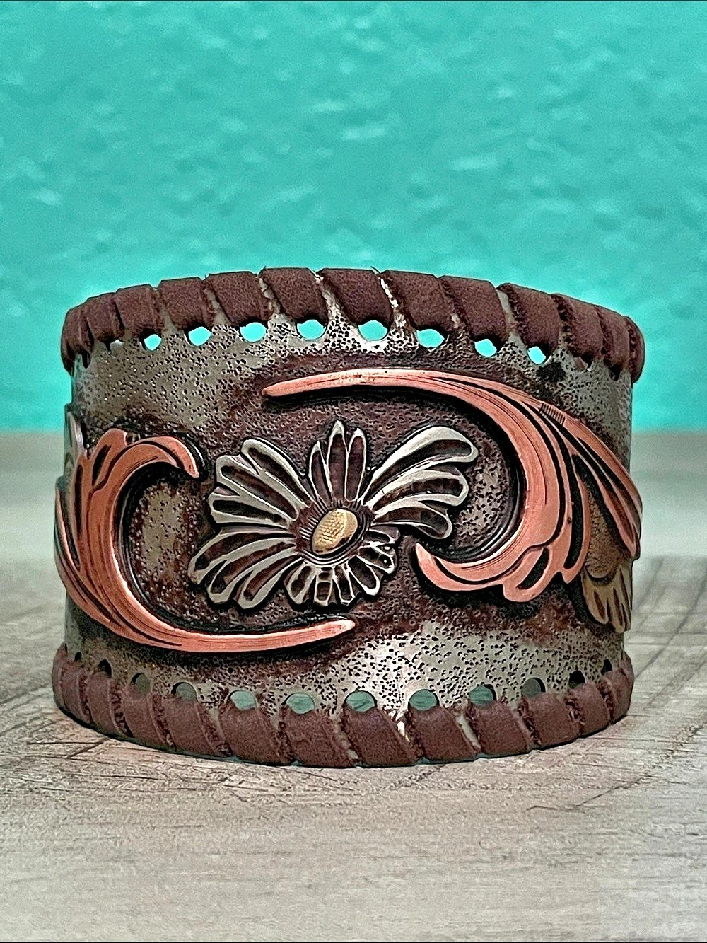 Augus Flower Bracelet Tooled Western Cuff Bracelet in Brown